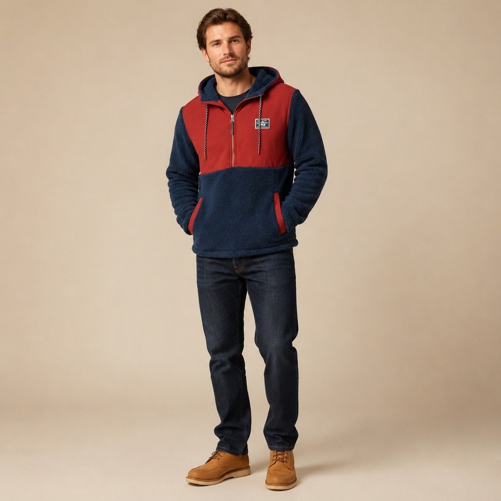 Hurley Mens Sherpa Fleece Quarter Zip Hoodie Colorblock Navy Burgundy Small
